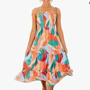 🌸Shein Floral Boho Summer Flowy Midi Dress Elastic Shirred Bust Tie